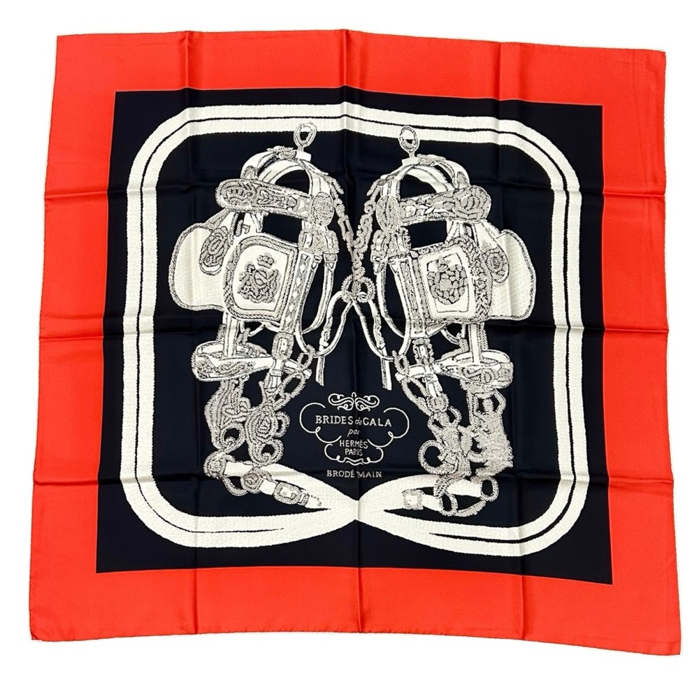 Hermès “Brides de Gala Brodé Main” Silk Scarf – Navy, White & Red